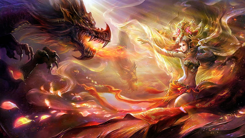 Valley of dragons, art, fire, dragon, girl, HD wallpaper