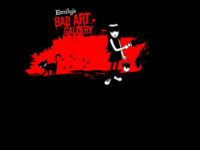 Emily's Bad Art Gallery, red, random, emily the strange, painting, black, cat, HD wallpaper