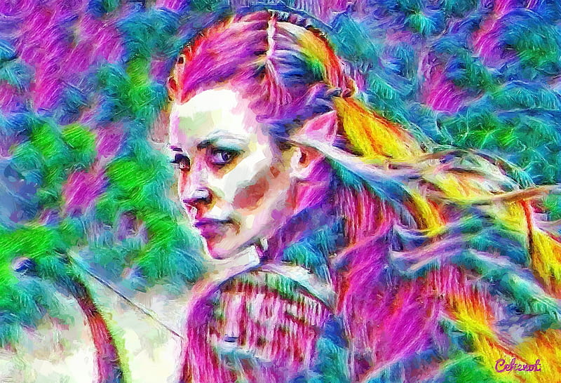 Tauriel, the hobbit, colorful, yellow, cehenot, fantasy, green, Evangeline Lilly, actress, painting, pink, pictura, blue, art, elf, by cehenot, abstract, girl, HD wallpaper