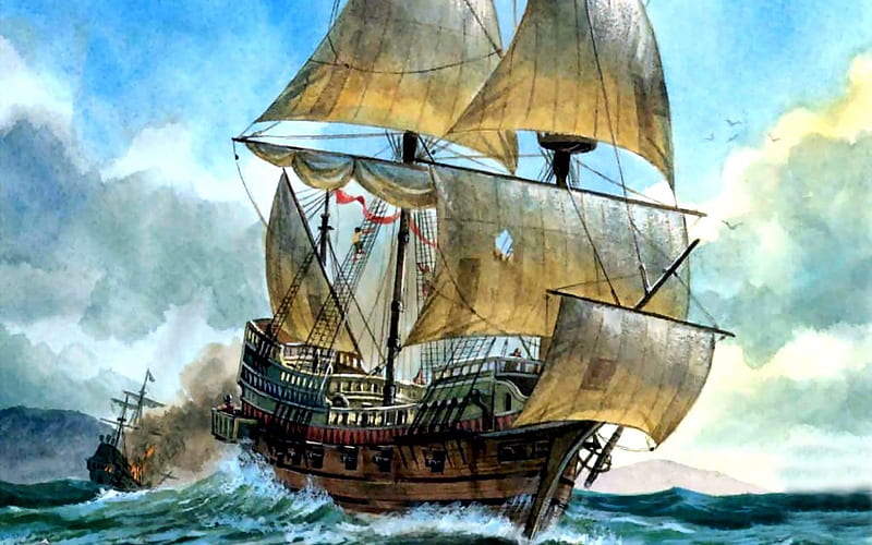 Victory, ships, brown, ocean, sails, waves, sky, clouds, boats, water, fabric, drawing, nature, sailboats, wood, blue, HD wallpaper