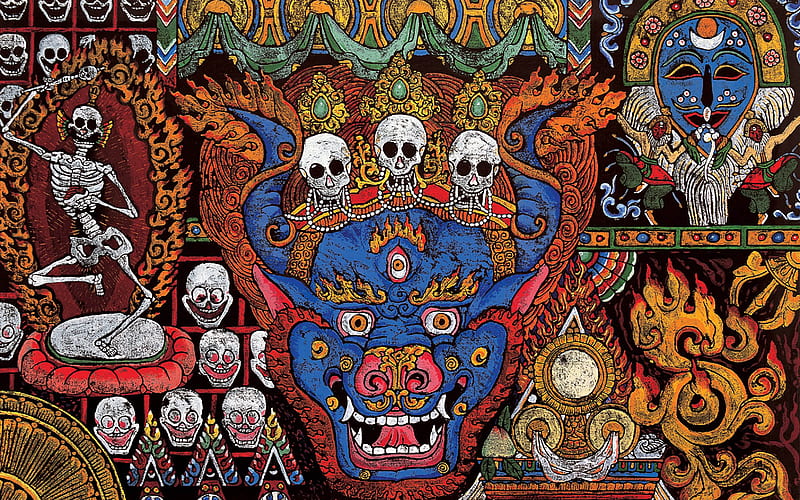 Tibetan Art Print, drapes, skeleton, artwork, skulls, demon, flames, tibetan, characters, symbols, beads, mask, HD wallpaper