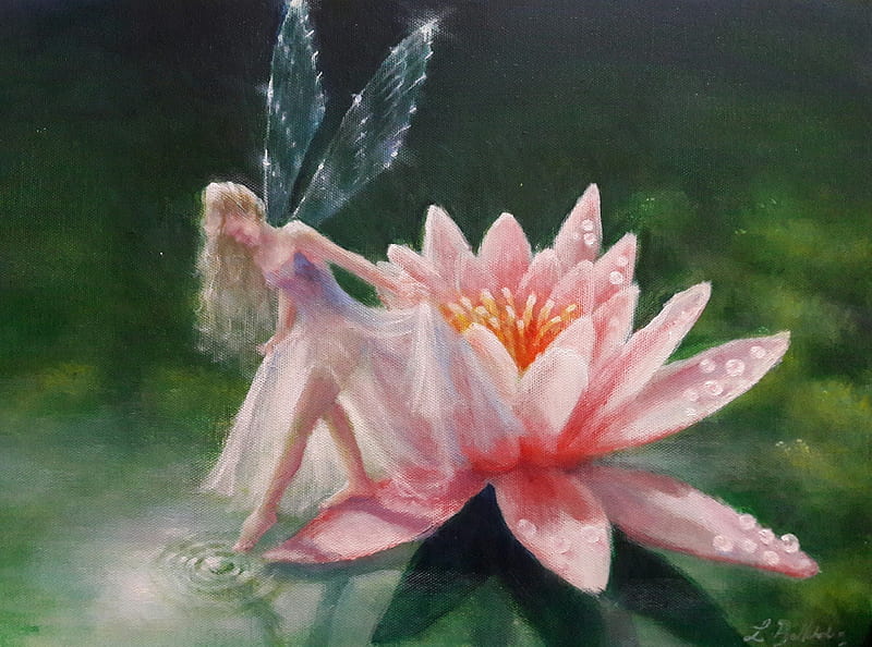 The Dew Pond, lynne bellchamber, flower, pink, fairy, art, lotus, luminos, fantays, pond, water, green, girl, HD wallpaper