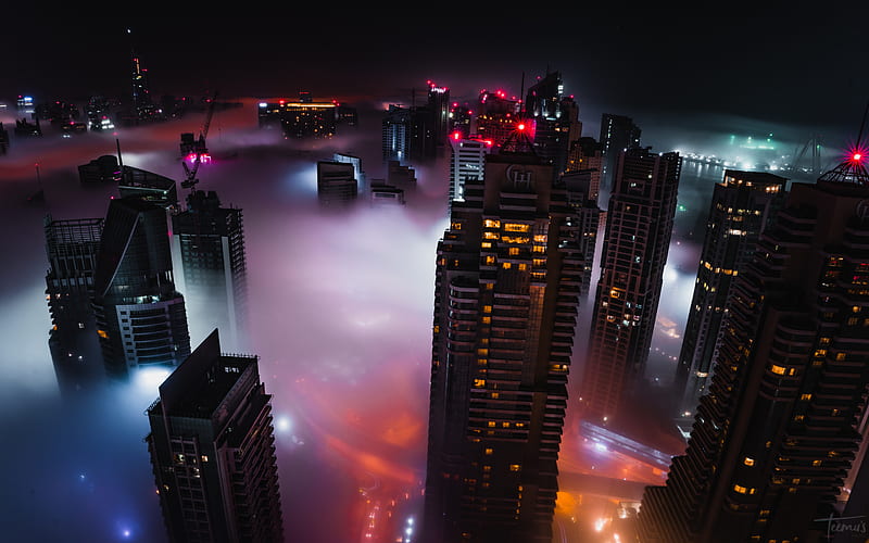 Dubai, fog, cityscapes, nightscapes, skyscrapers, United Arab Emirates, UAE, HD wallpaper