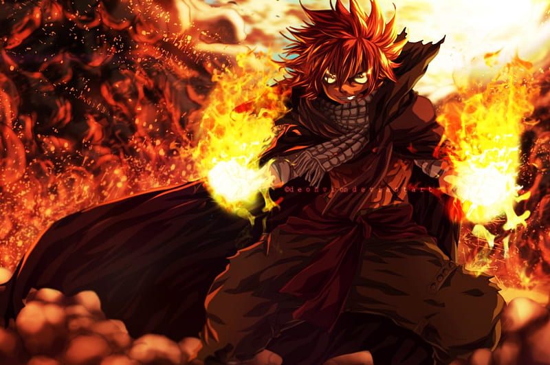 Download Fiery Natsu Dragneel Unleashing His Dragon Force Power Wallpaper