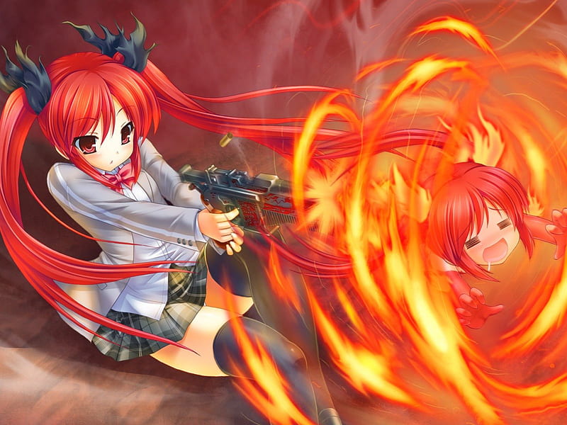 Fire!!, redhead, angry, twin tail, gun, emotional, anime, anime girl, weapon, long hair, female, twintail, ribbon, mad, twintails, red hair, twin tails, fire, girl, serious, HD wallpaper