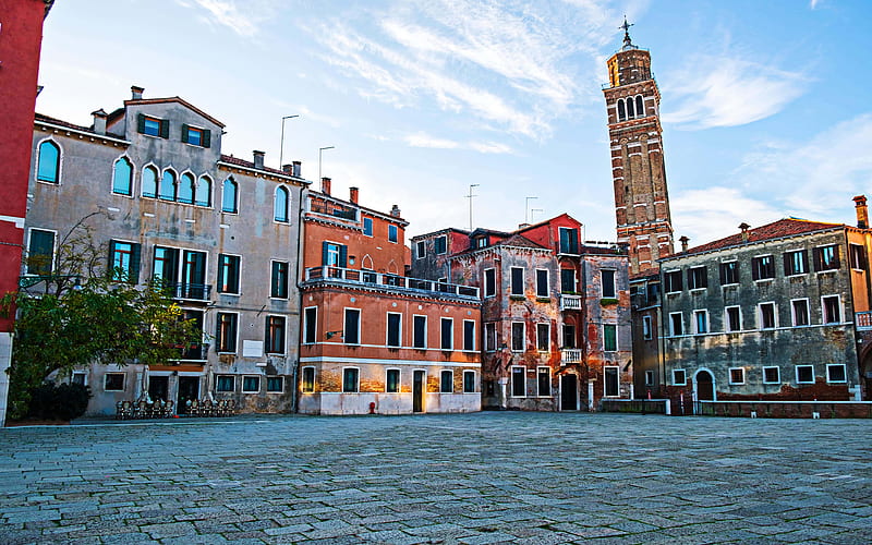 Campanile of Santo Stefano, bell tower, italian landmarks, empty square, summer, Castello, Venice, Italy, Europe, italian cities, HD wallpaper