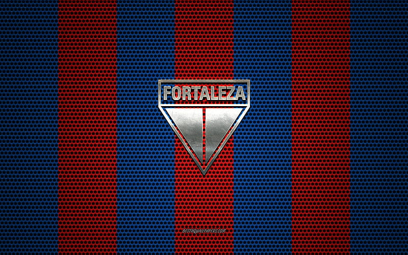 Fortaleza logo, Brazilian football club, metal emblem, blue-red metal mesh background, Fortaleza EC, Serie A, Fortaleza, Brazil, football, HD wallpaper