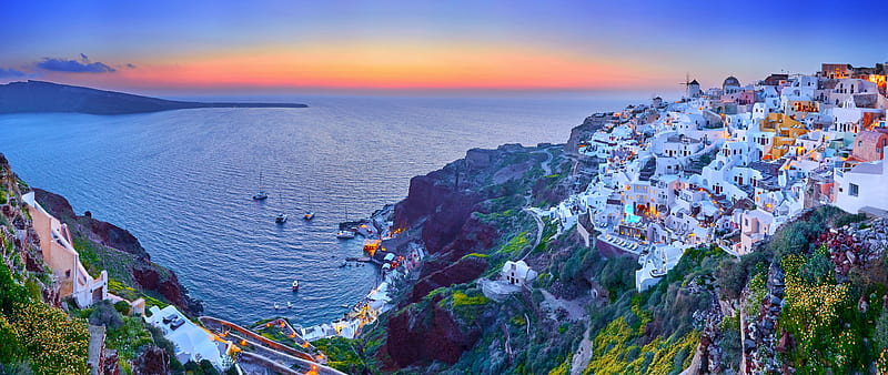 Santorini Island , Thira, Aegean Sea, Fira Town, Greece, Dusk, World, Greece, HD wallpaper