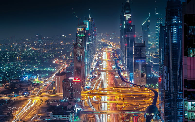 Dubai, nightscapes, roads, UAE, traffic lights, United Arab Emirates, HD wallpaper