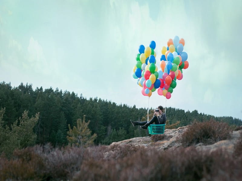 A dream from childhood, rocks, laundry basket, grass, camera, trees, sky, clouds, women, strings, on, balloons, nature, inspiration, imagination, HD wallpaper