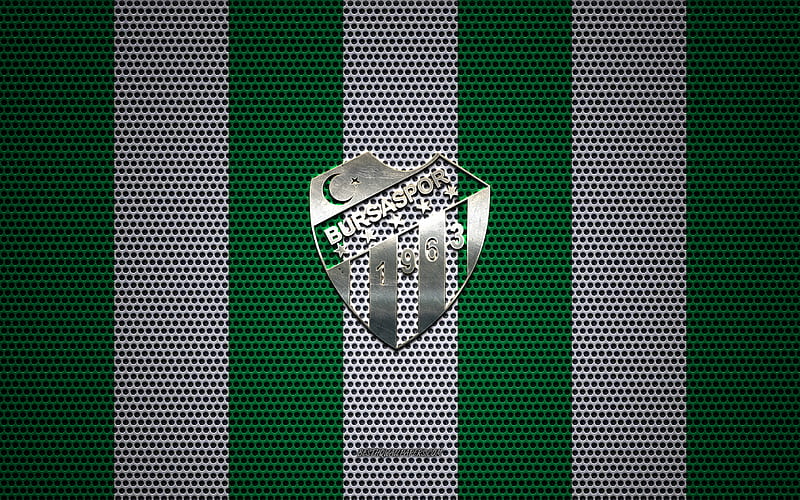 Bursaspor logo, Turkish football club, metal emblem, green white metal mesh background, TFF 1 Lig, Bursaspor, TFF First League, Bursa, Turkey, football, HD wallpaper