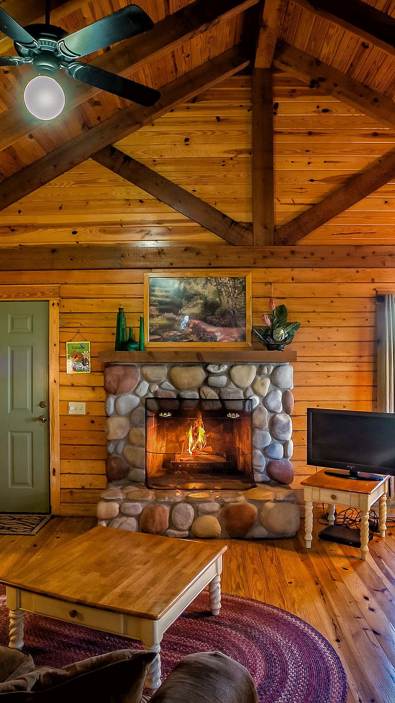 Cabin, comfy, cozy, fireplace, honeymoon, room, HD phone wallpaper