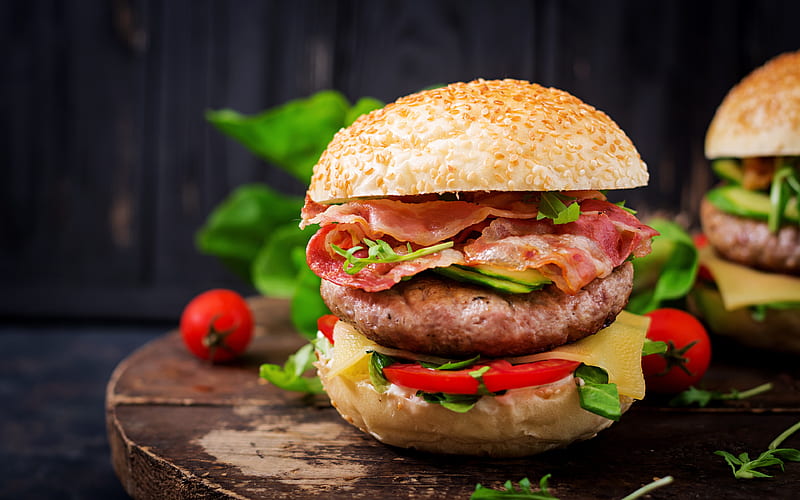 hamburger, close-up, fastfood, cutlets, burger, HD wallpaper