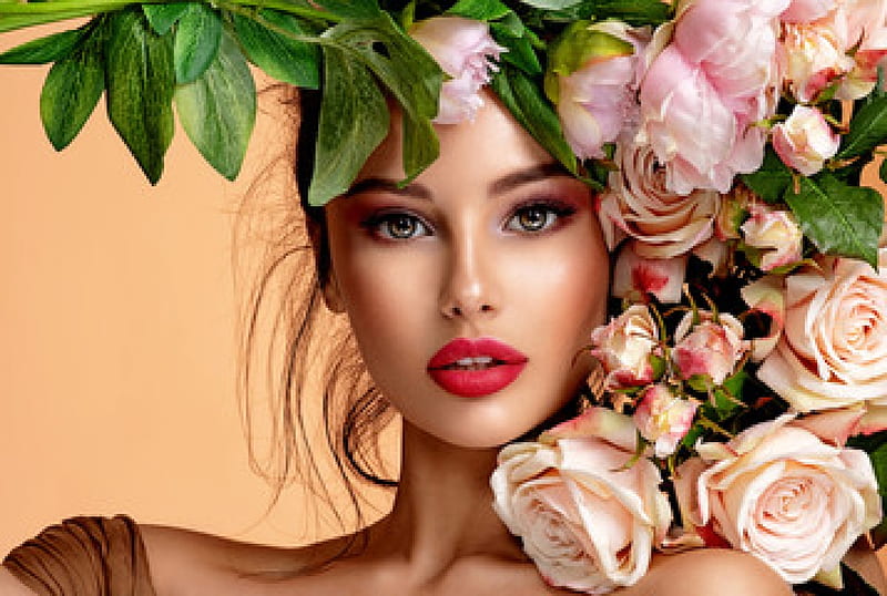 ლ, Look, Woman, Flowers, Face, HD wallpaper