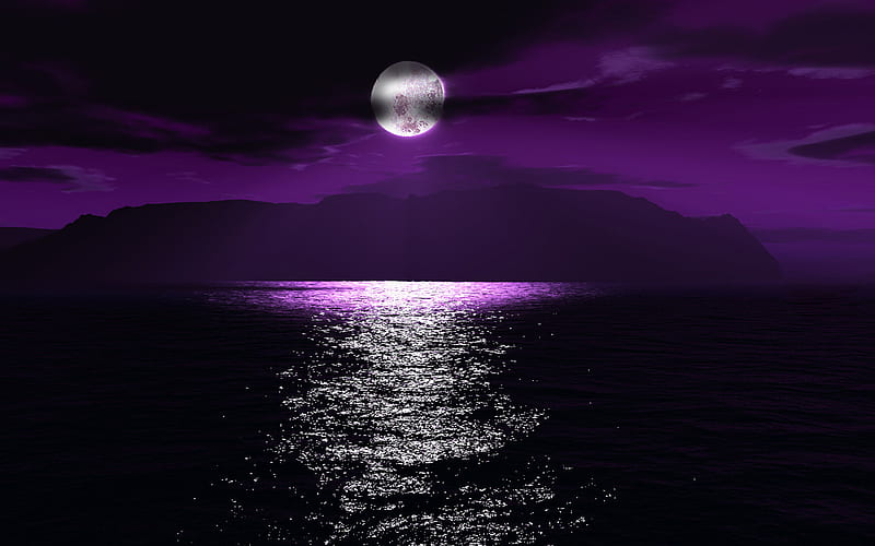 FULL MOON ON THE OPEN SEA, moon, purple, full, sky, sea, HD wallpaper