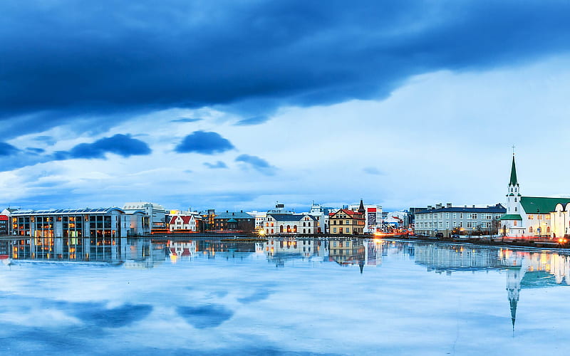 Reykjavik, river, evening, Iceland, Europe, HD wallpaper