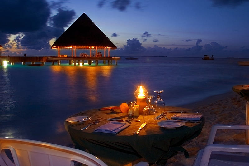 Romantic Sea View Dinner, dinner, bungalow, dusk, candlelight, sunset, villa, eat, sea, beach, lagoon, sand, night, exotic, romantic, view, romance, holiday, food, ocean, candles, water, paradise, dine, tropical, HD wallpaper