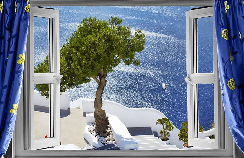 Overlooking the Aegean Sea♡Greece♡Mediterranean Sea, oil tree, Mediterranean Sea, Greece, window, view, Aegean Sea, sea, blue, HD wallpaper
