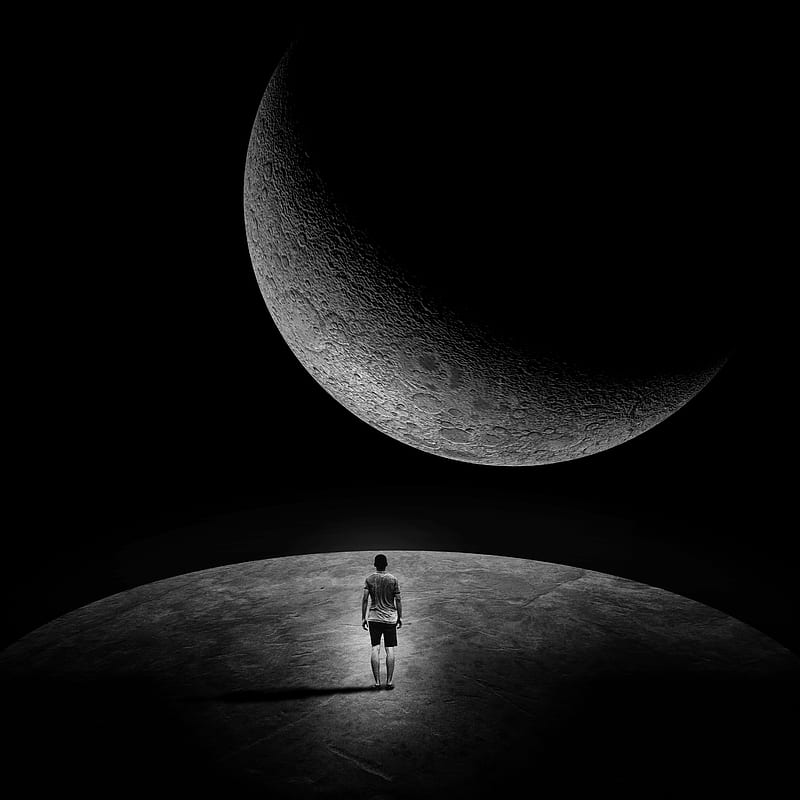 moon, man, loneliness, space, extraterrestrial, dark, black and white, HD mobile wallpaper