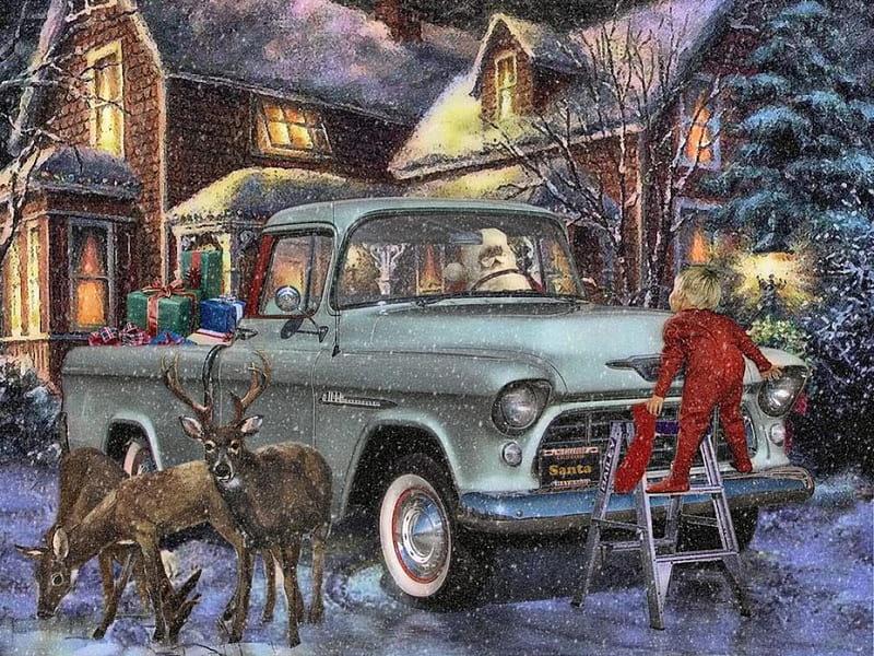 Santa Got Caught, santa, truck, christmas, deer, HD wallpaper | Peakpx