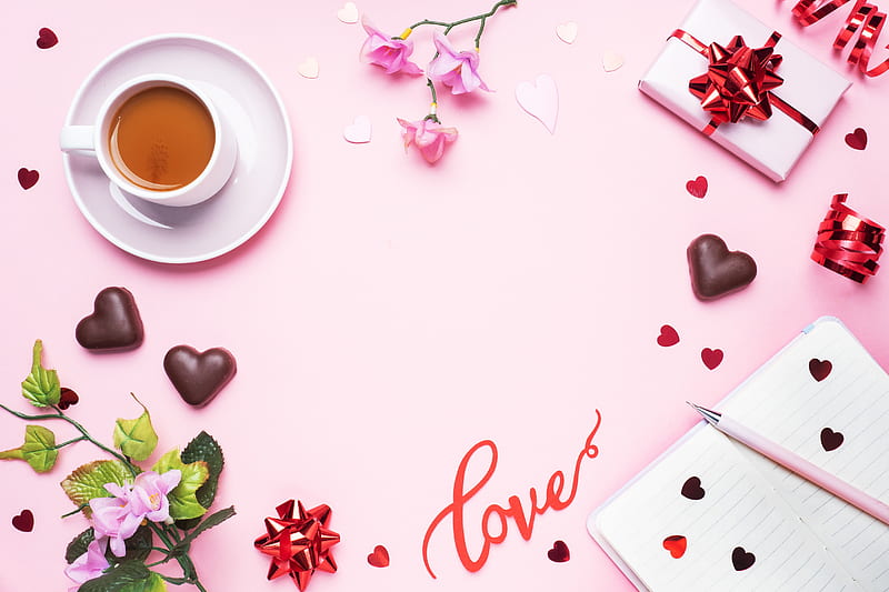 Holiday, Valentine's Day, Coffee, Cup, Flower, Gift, Love, Still Life, HD wallpaper