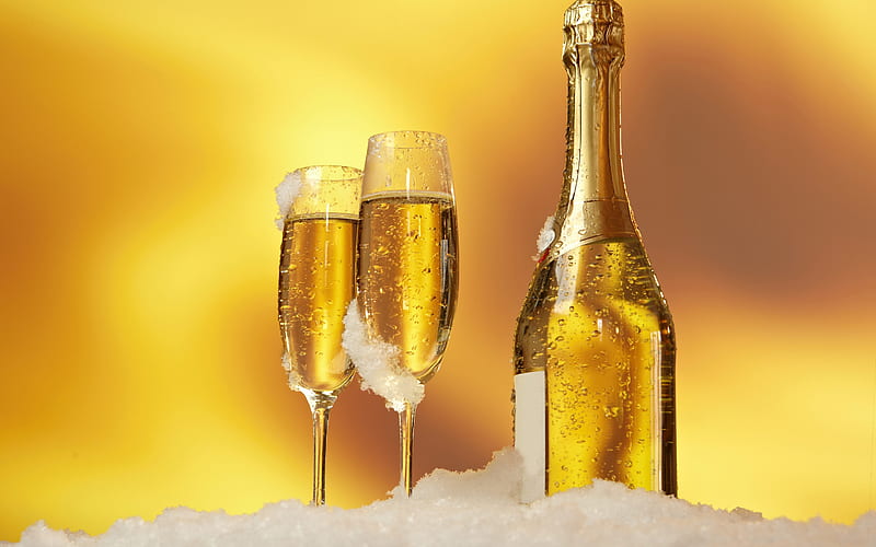 champagne, glasses and a bottle of champagne, snow, golden background, Happy New Year, champagne bottle, HD wallpaper