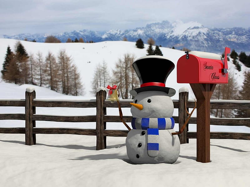 Waiting for Santa's Post, fence, snow, postbox, snowman, trees, winter, HD wallpaper