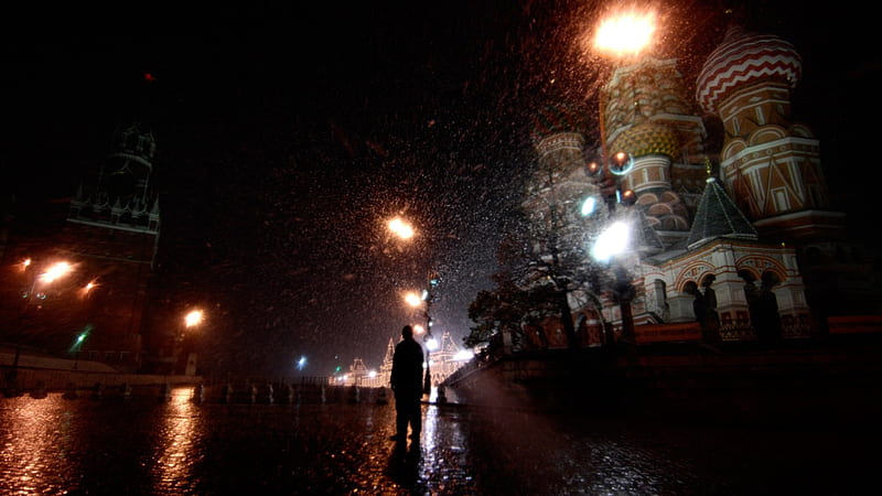 snow shower in red square moscow at night, city, snow, square, man, church, lights, night, HD wallpaper