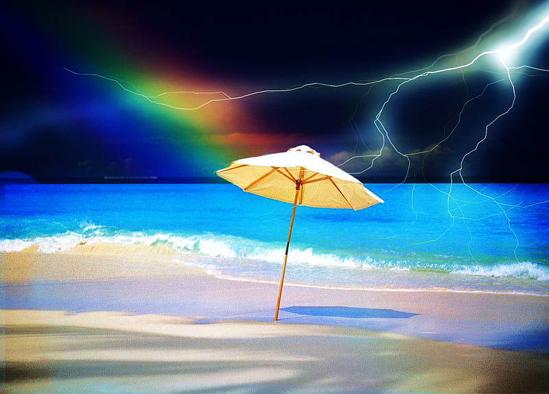 When the storm ends, beach, strike, sand, water, lightning, rainbow, sky, storm, HD wallpaper