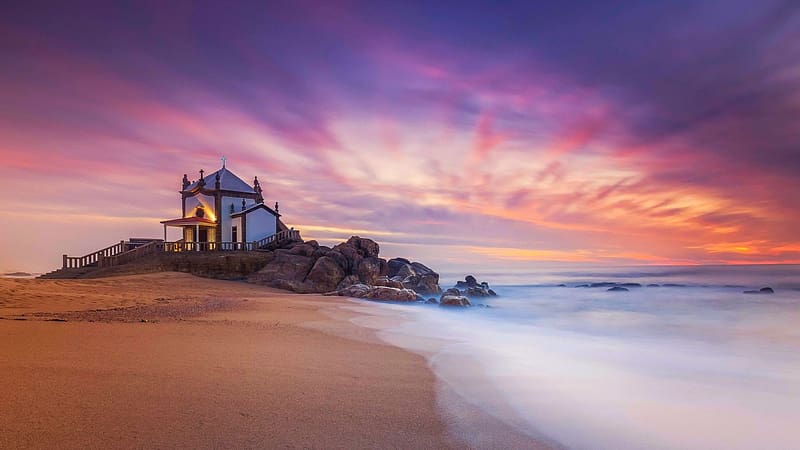 Moment of surrender, Miramar, Portugal, sand, coast, colors, clouds, sky, rocks, atlantic, ocean, HD wallpaper