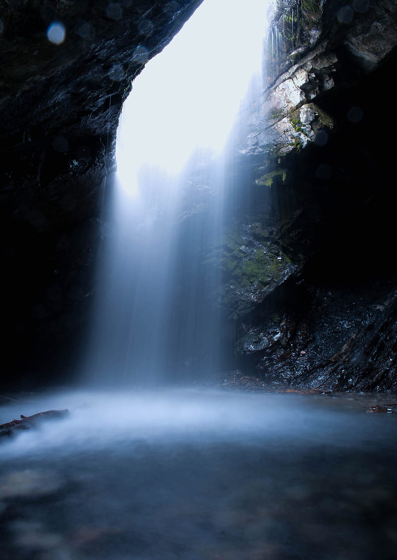 waterfall, cave, rocks, water, spray, HD phone wallpaper