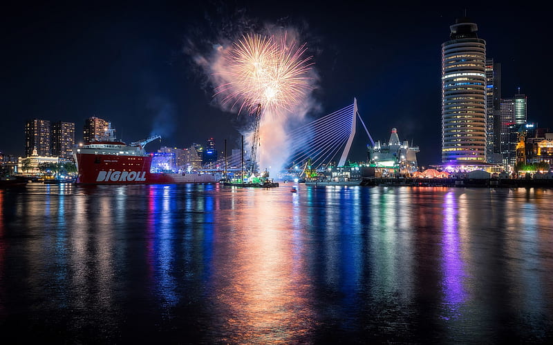 Rotterdam, Erasmus Bridge, fireworks harbor, port, Netherlands, city lights, HD wallpaper