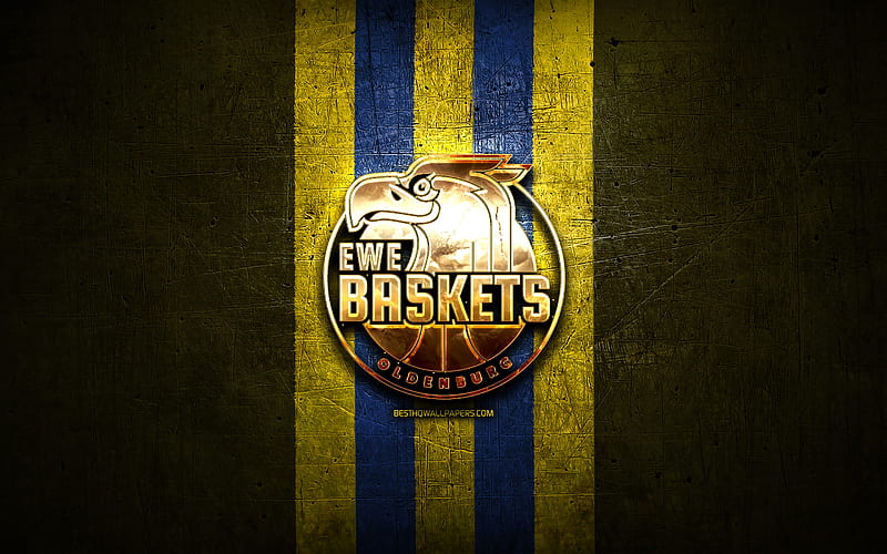 Baskets Oldenburg, golden logo, BBL, yellow metal background, german basketball club, Basketball Bundesliga, Baskets Oldenburg logo, basketball, HD wallpaper