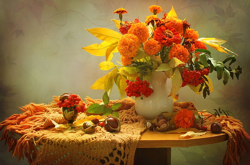 Fall still life, pretty, table, fall, autumn, lovely, colors, vase, bonito, foliage, still life, leaves, bouquet, flowers, HD wallpaper
