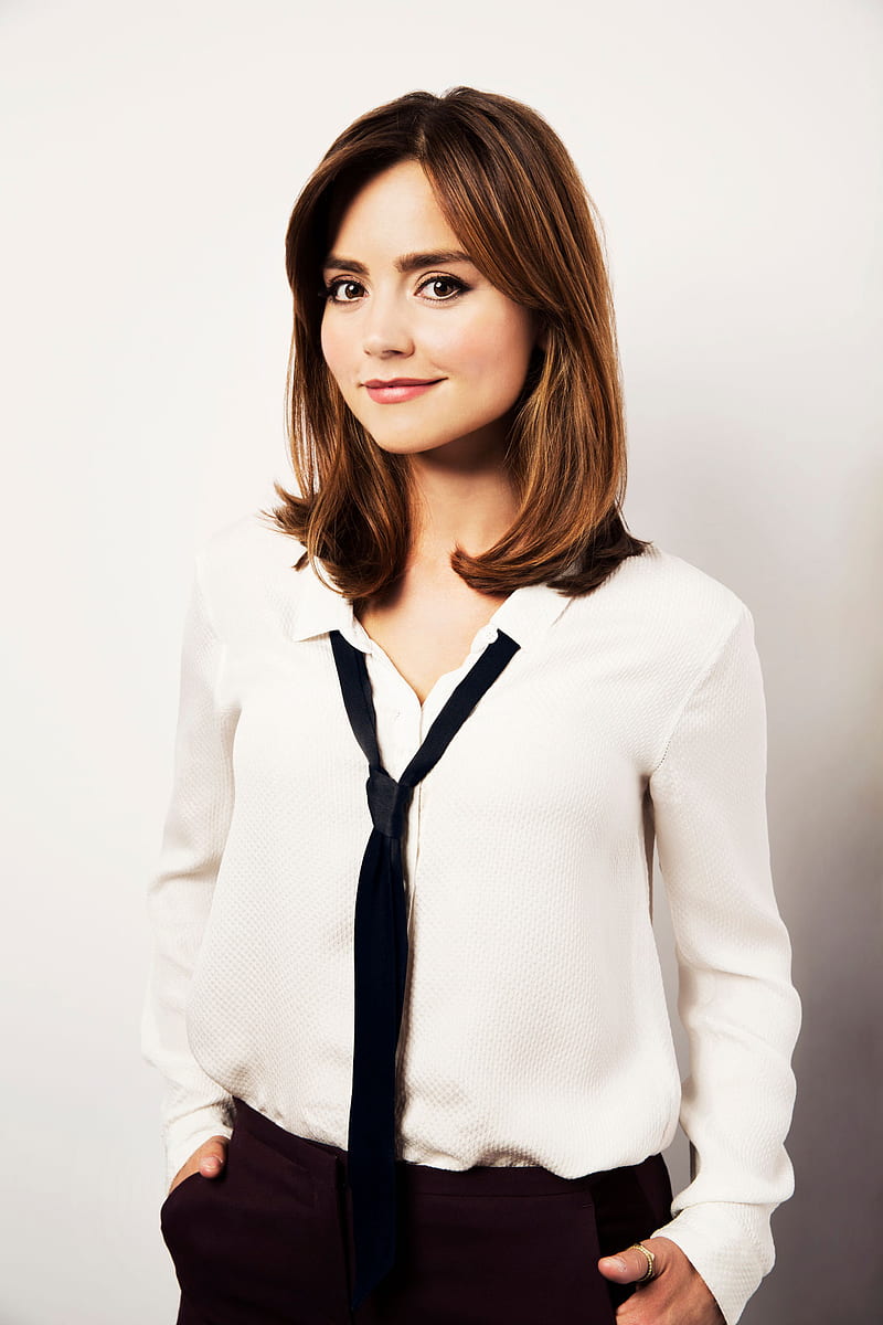 women, actress, shoulder length hair, brunette, simple background, tie, hands in pockets, smiling, Jenna Louise Coleman, young woman, HD phone wallpaper