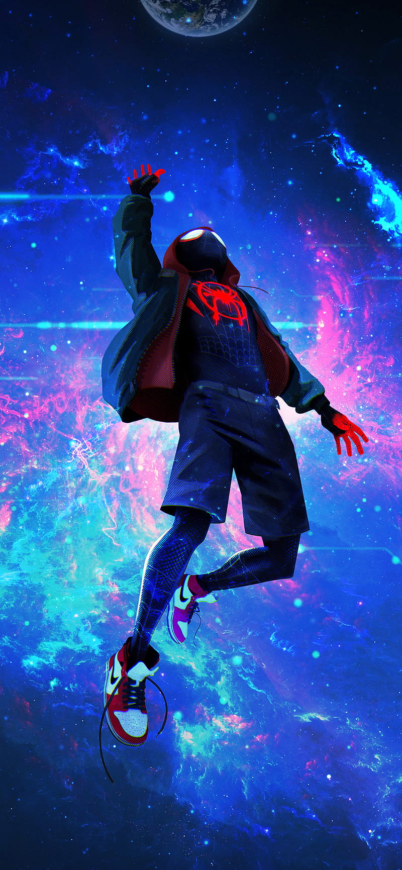 miles morales, amoled, black, colourful, galaxy, red, sneakers, spiderman, star, HD phone wallpaper