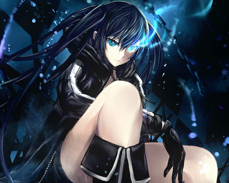 anime girl with black hair and blue highlights