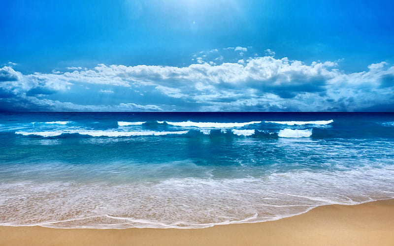 Aqua Blue Beach Scene F, beautiful, waves, beach, graphy, sand, wide screen, waterscape, scenery, HD wallpaper
