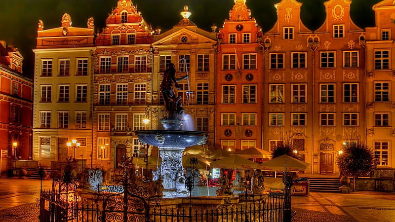 neptune in a town square fountain in poland, fountain, city, statue, square, buildings, night, HD wallpaper