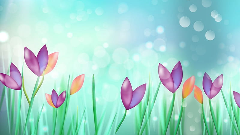 Blooming Garden, spring, abstract, bokeh, summer, blossoms, flowers, garden, tulips, blooms, Fireafox Persona theme, blue, vector, HD wallpaper