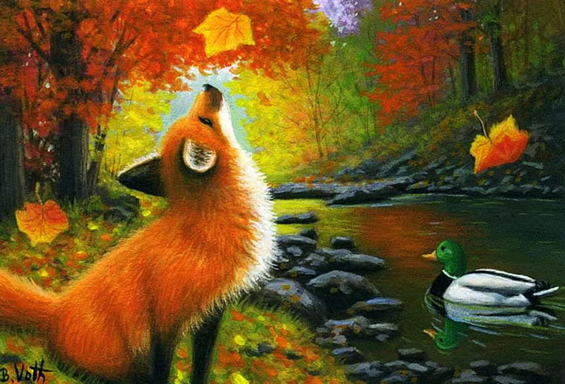 Falling Leaves for Little Fox, fall, autumn, duck, painting, river, season, trees, artwork, HD wallpaper