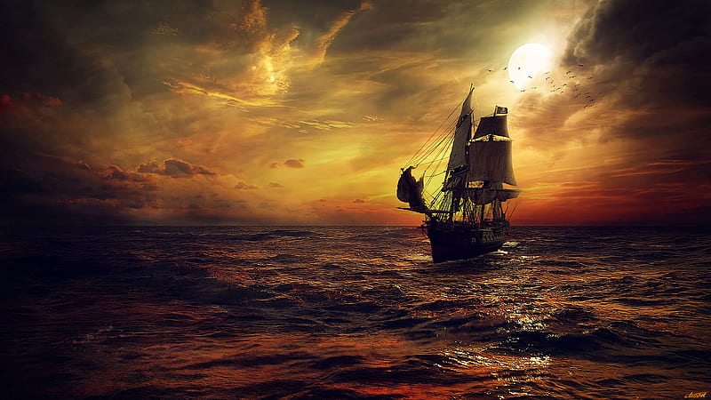 ship, sun, sunset, sails, HD wallpaper