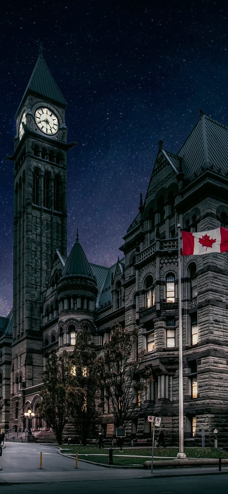 Toronto, canada, canadian, city, clock tower, flag, maple leaf, night, ontario, red white, HD phone wallpaper