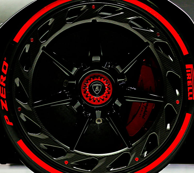 Lamborghini black, alloy, black, car, lamborghini, new, p zero, red, rim, super, HD wallpaper