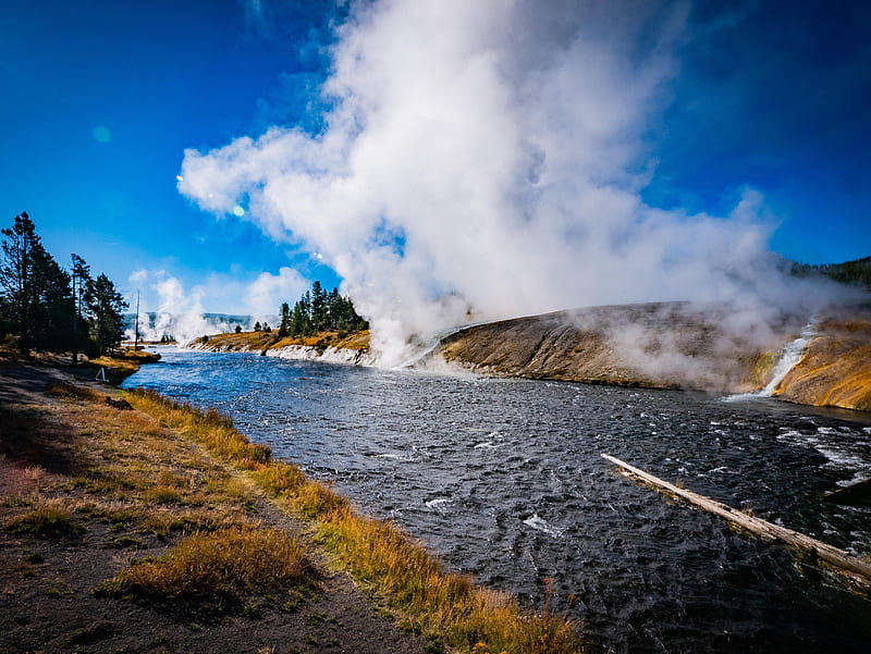 Firehole River, Excelsior Geyser, Yellowstone NP, sky, Wyoming, landscape, USA, Dust, trees, HD wallpaper