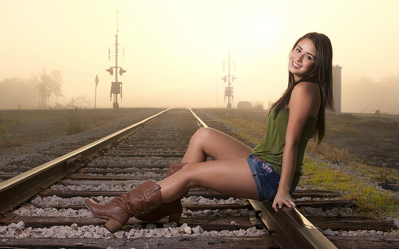Sitting on the train tracks, babe, female, train, girl, model, hot, tracks, sexy, HD wallpaper