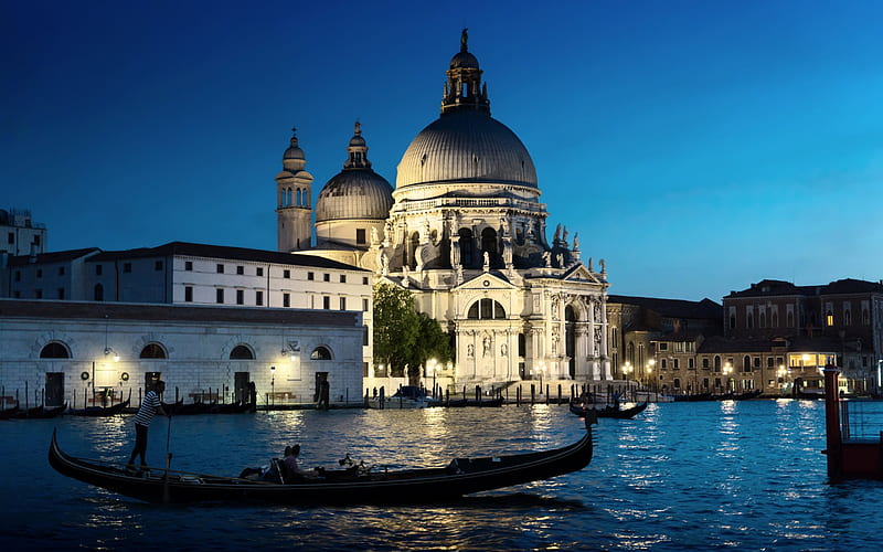 Venice, night, gondolas, canal, Italy, HD wallpaper