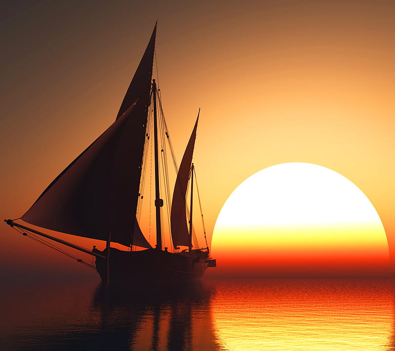 Calm Sea, sailboat, water, water sunset sun moon, HD wallpaper