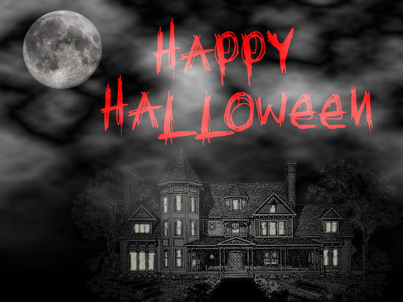 happy halloween, holiday, black, sky, clouds, creepy, moon, spooky, gothic, dark, scary, night, HD wallpaper