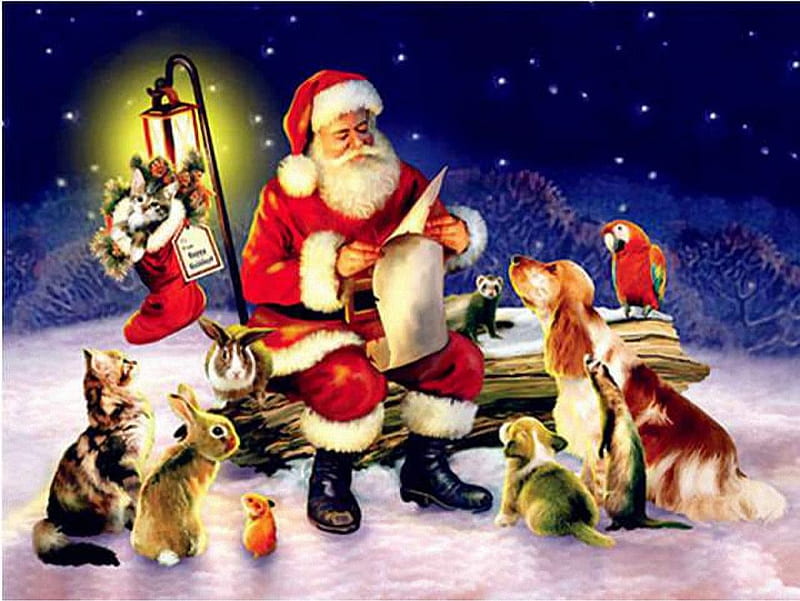The Wish list, santa, rabbit, christmas, parrot, cats, artwork, animals, dogs, HD wallpaper